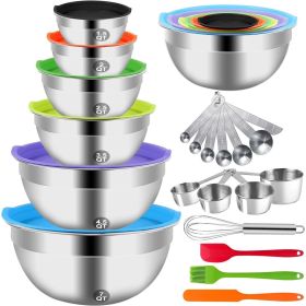 Mixing Bowls with Lid Set, 23PCS Kitchen Utensils Metal Bowl Stainless Steel Nesting Bowls, Measuring Cups and Spoons, Egg Whisk for Baking Prepping C