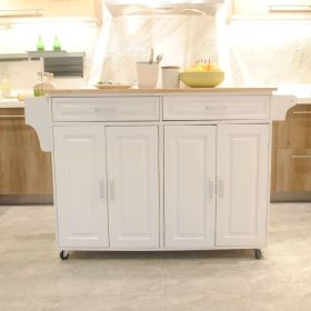 Kitchen Island & Kitchen Cart, Mobile Kitchen Island, Rubber Wood Top, Big & Adjustable Shelf Inside Cabinet for Different Utensils