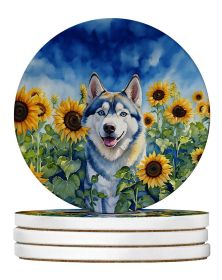 Siberian Husky in Sunflowers Large Sandstone Coasters Pack of 4 Absorbent Round Coasters Decor Gifts for Men or Women, 4 in, Multicolor